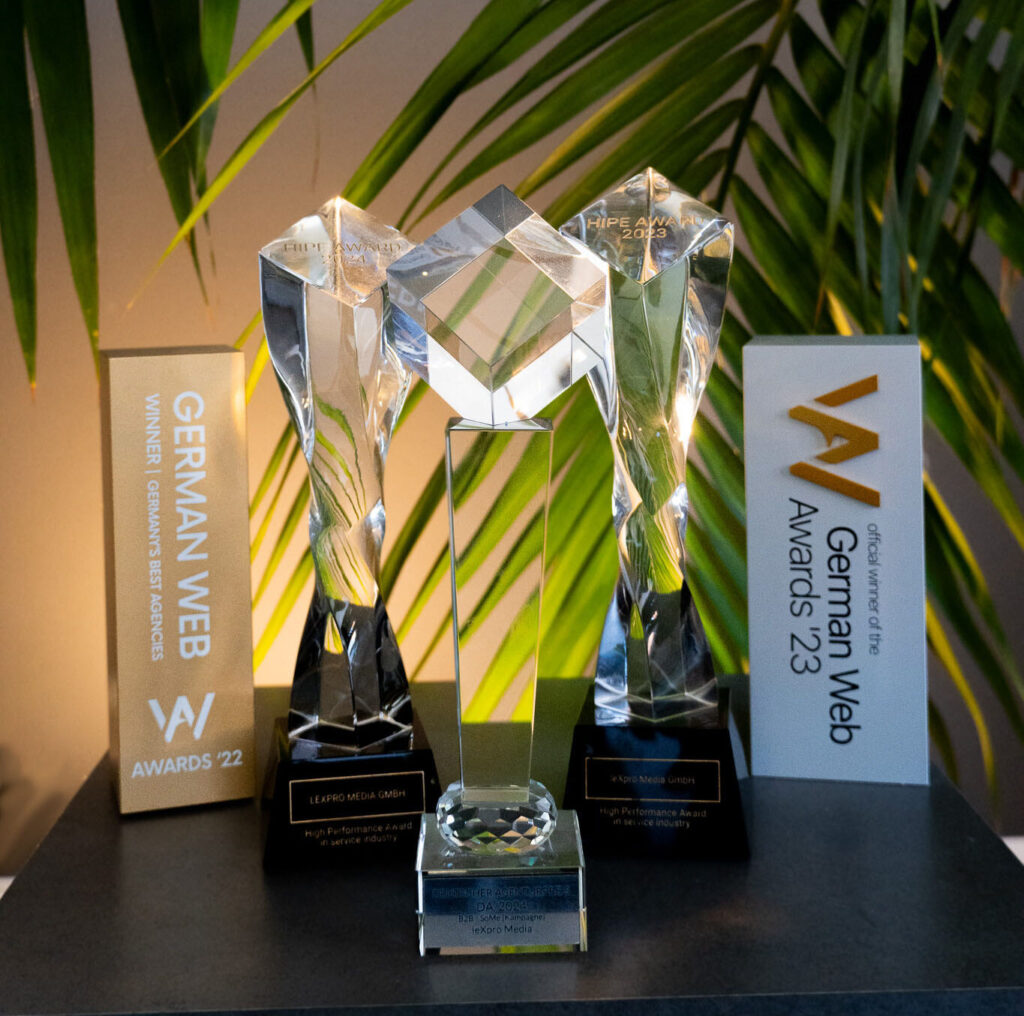 Die Auszeichnungen von leXpro Media: HIPE Award 2023 und 2024, German Web Award 2022 und 2023, Deutscher Agenturpreis 2024